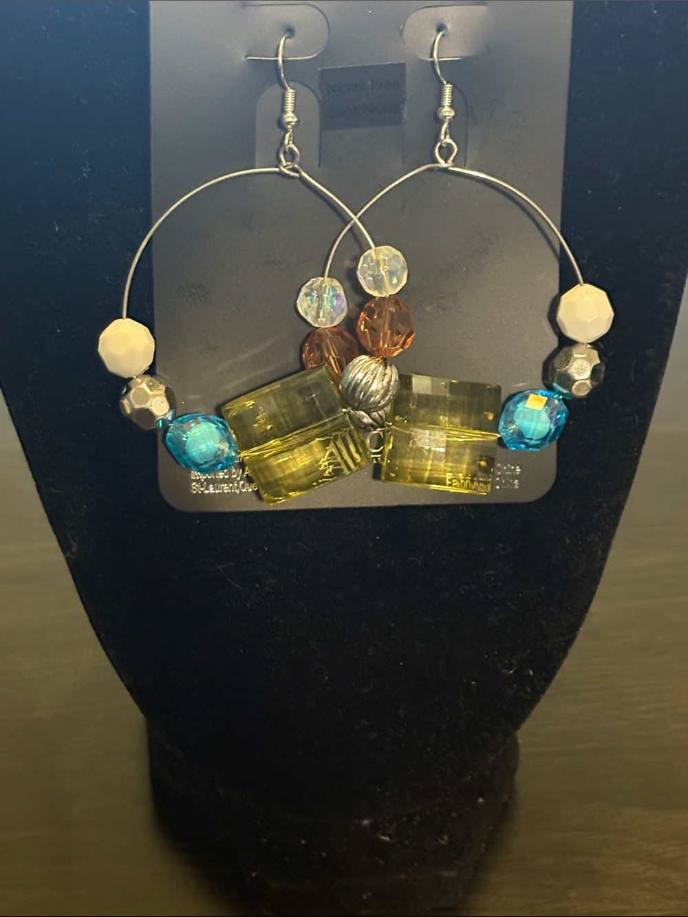 Beaded Hoop Earrings with Green, Blue, Silver & Brown